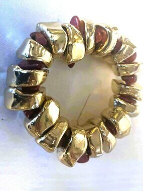 Gold Coral Bracelet Handmade Chunky Stretch Gemstone Statement Gift
